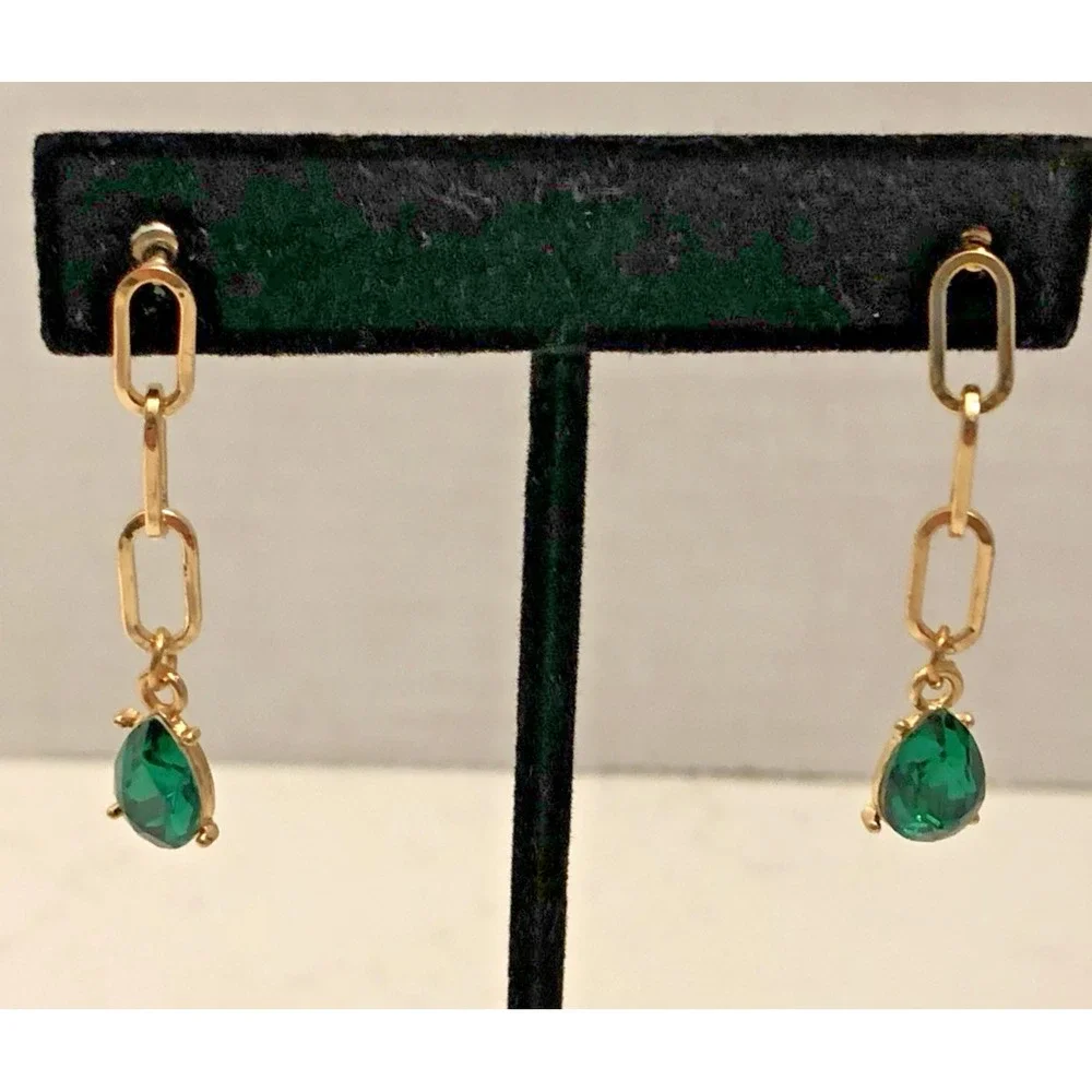 Gold Tone Paperclip Link Drop Earrings Emerald Green Pear Crystal Dangles Womens